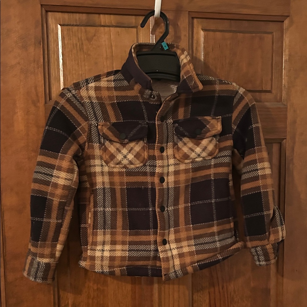 Kids Plaid Jean Jacket in Brown & Navy - Cozy Button-Front